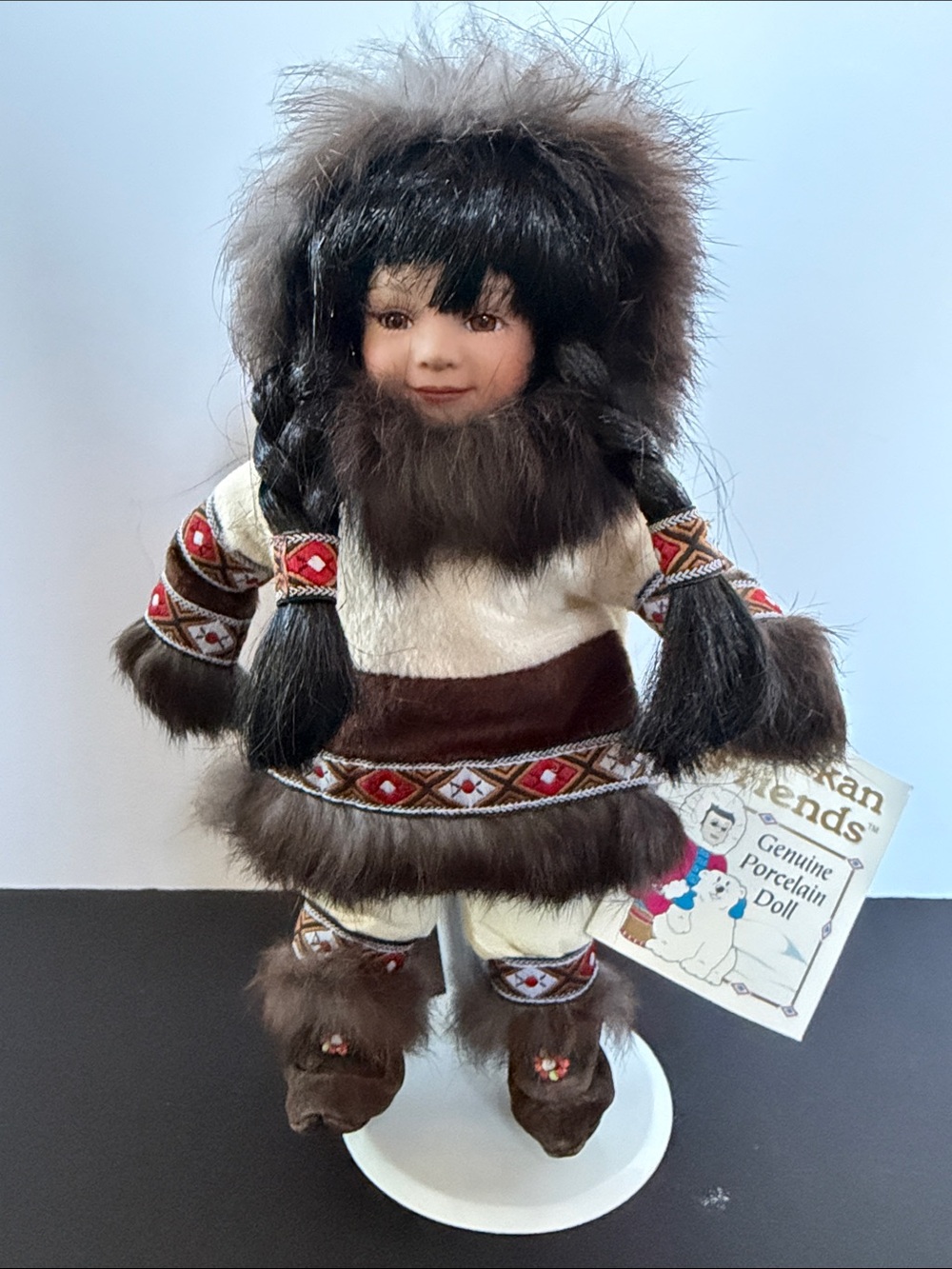 Alaskan Friends Porcelain Doll in Brown and Cream Fur Outfit